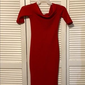 Red to calf length dress